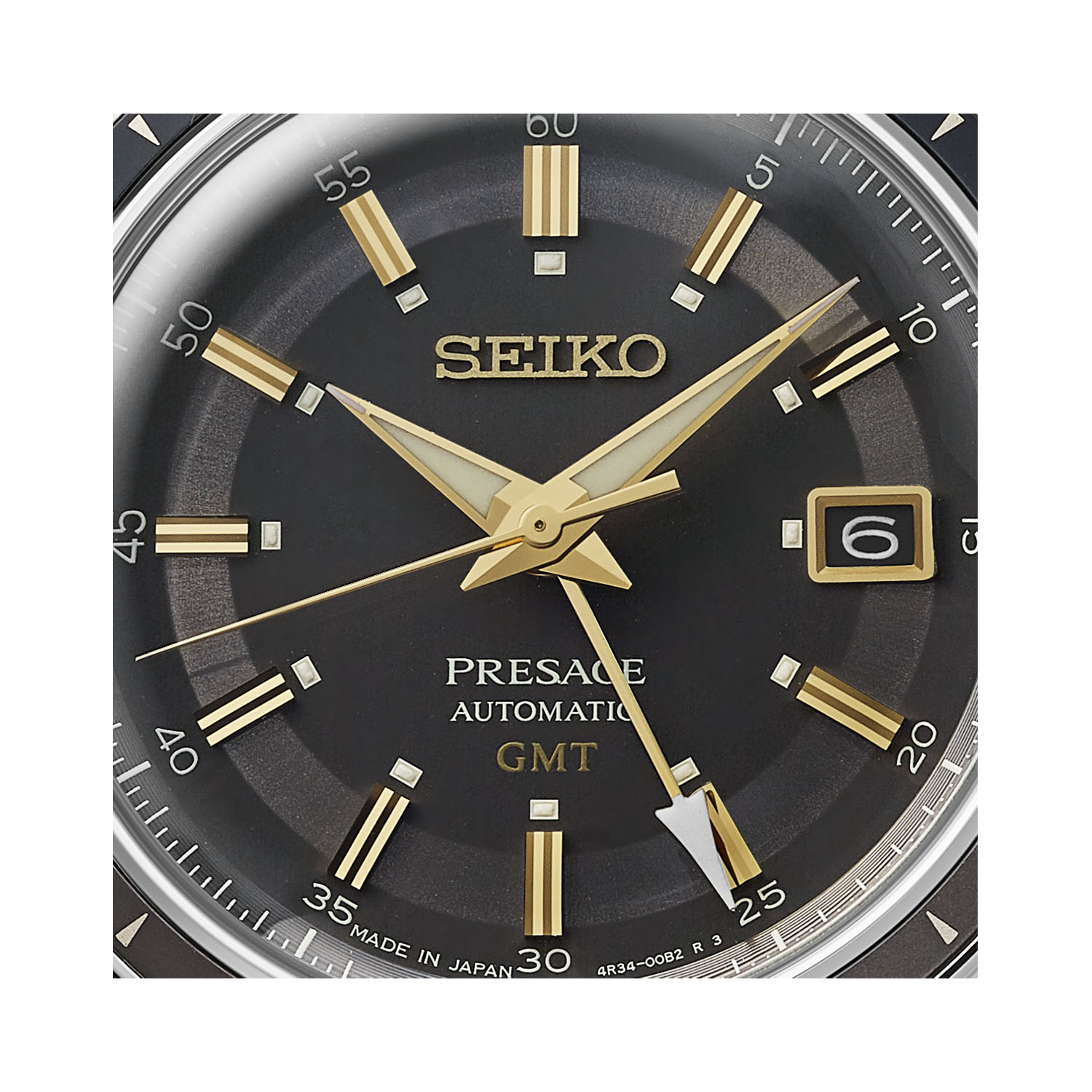 Seiko, Presage 'Fume' 60's Road Trip with a 40.7mm stainless steel case and grey leather bracelet strap featuring a date and GMT function, grey dial and a black bezel.