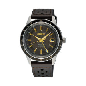 Seiko, Presage 'Fume' 60's Road Trip with a 40.7mm stainless steel case and grey leather bracelet strap featuring a date and GMT function, grey dial and a black bezel.