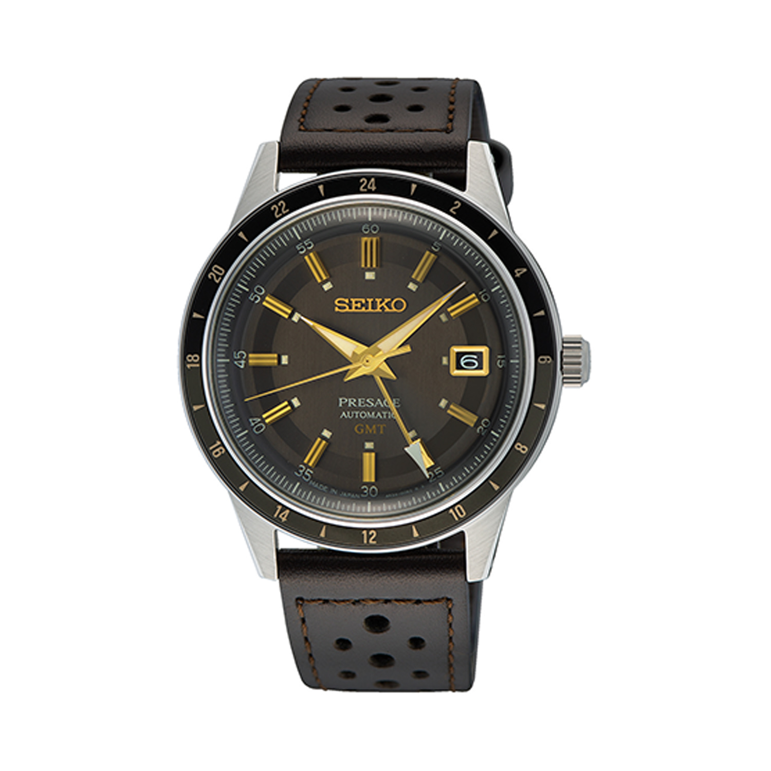 Seiko, Presage 'Fume' 60's Road Trip with a 40.7mm stainless steel case and grey leather bracelet strap featuring a date and GMT function, grey dial and a black bezel.