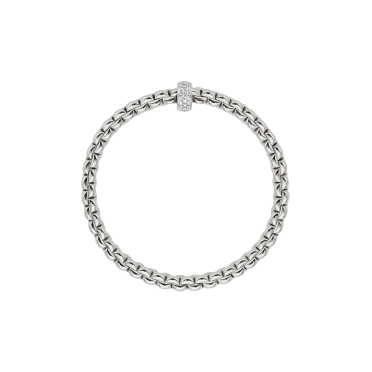 An 18ct white gold Flex'It bracelet with a single pave’ diamond set rondel belonging to the FOPE EKA collection.