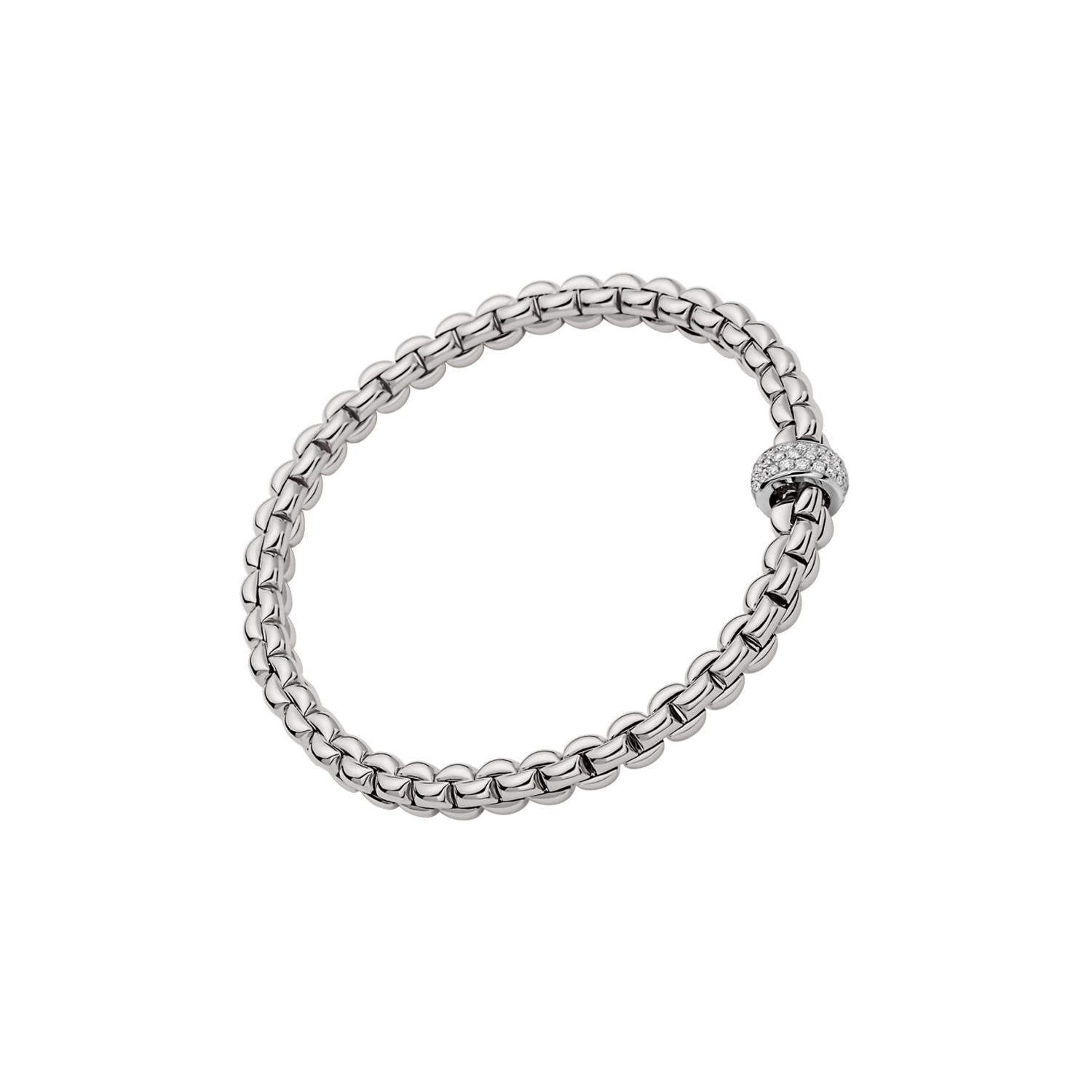 An 18ct white gold Flex'It bracelet with a single pave’ diamond set rondel belonging to the FOPE EKA collection.