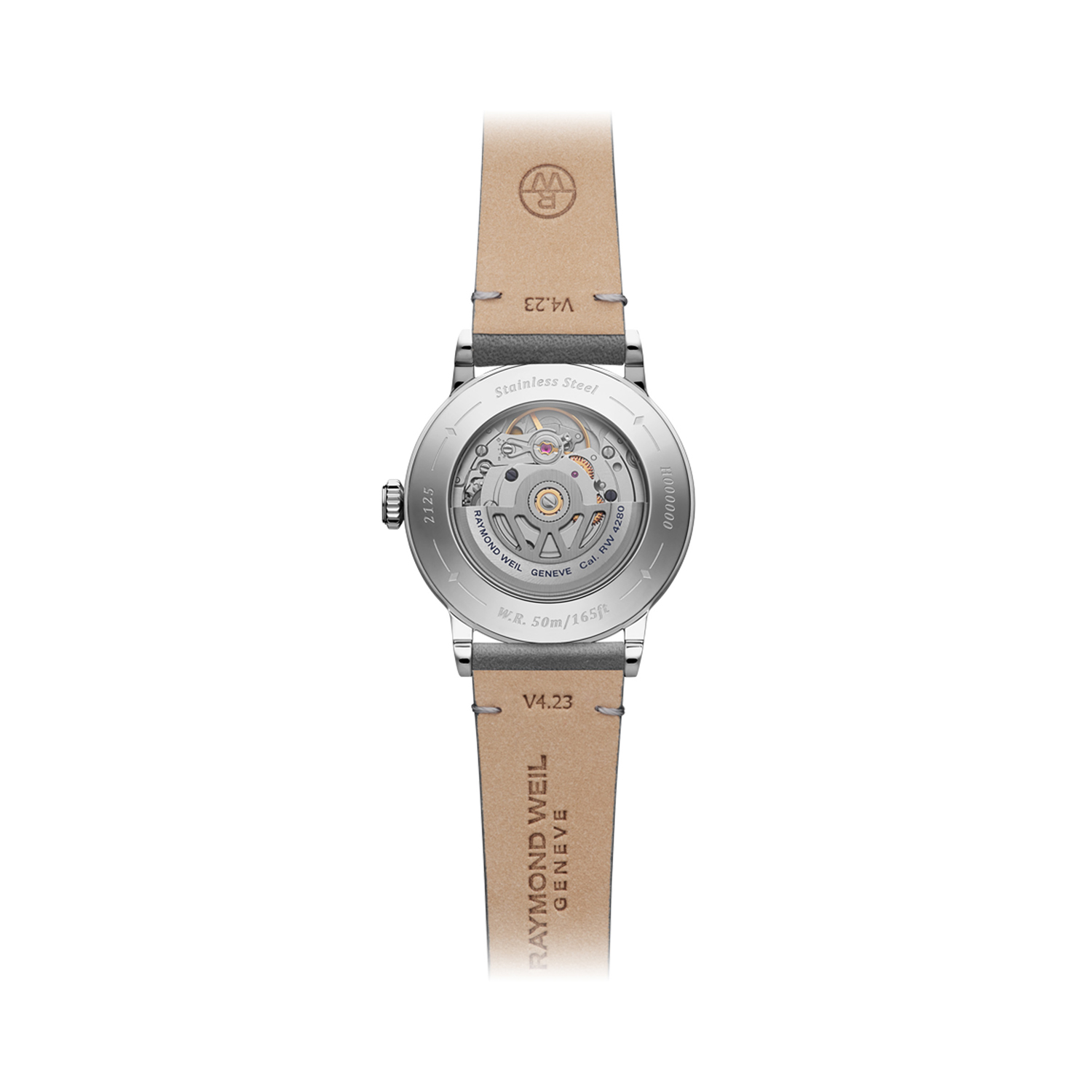 Raymond Weil, Millesime with a 35mm stainless steel case and a grey leather strap featuring a silver dial.