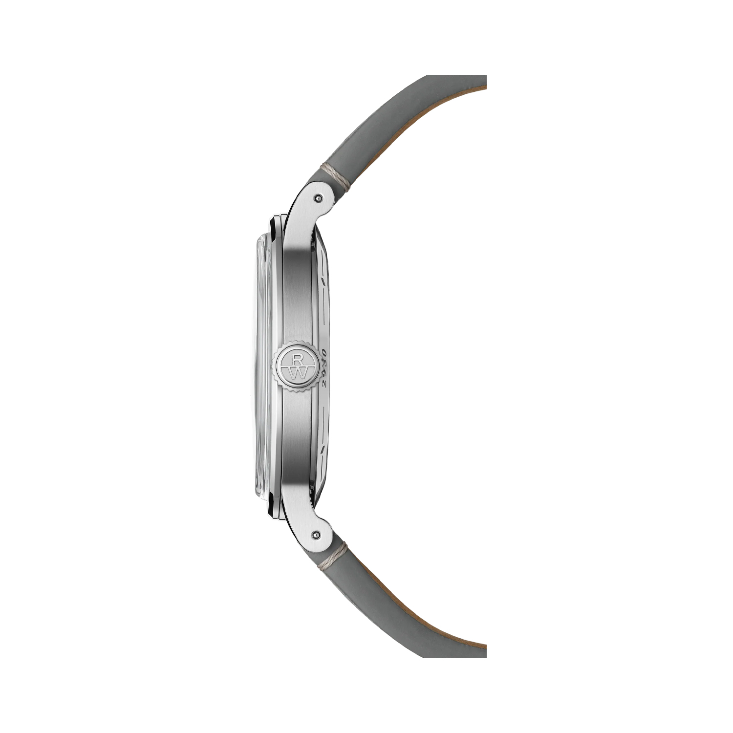 Raymond Weil, Millesime with a 35mm stainless steel case and a grey leather strap featuring a silver dial.