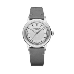 Raymond Weil, Millesime with a 35mm stainless steel case and a grey leather strap featuring a silver dial.