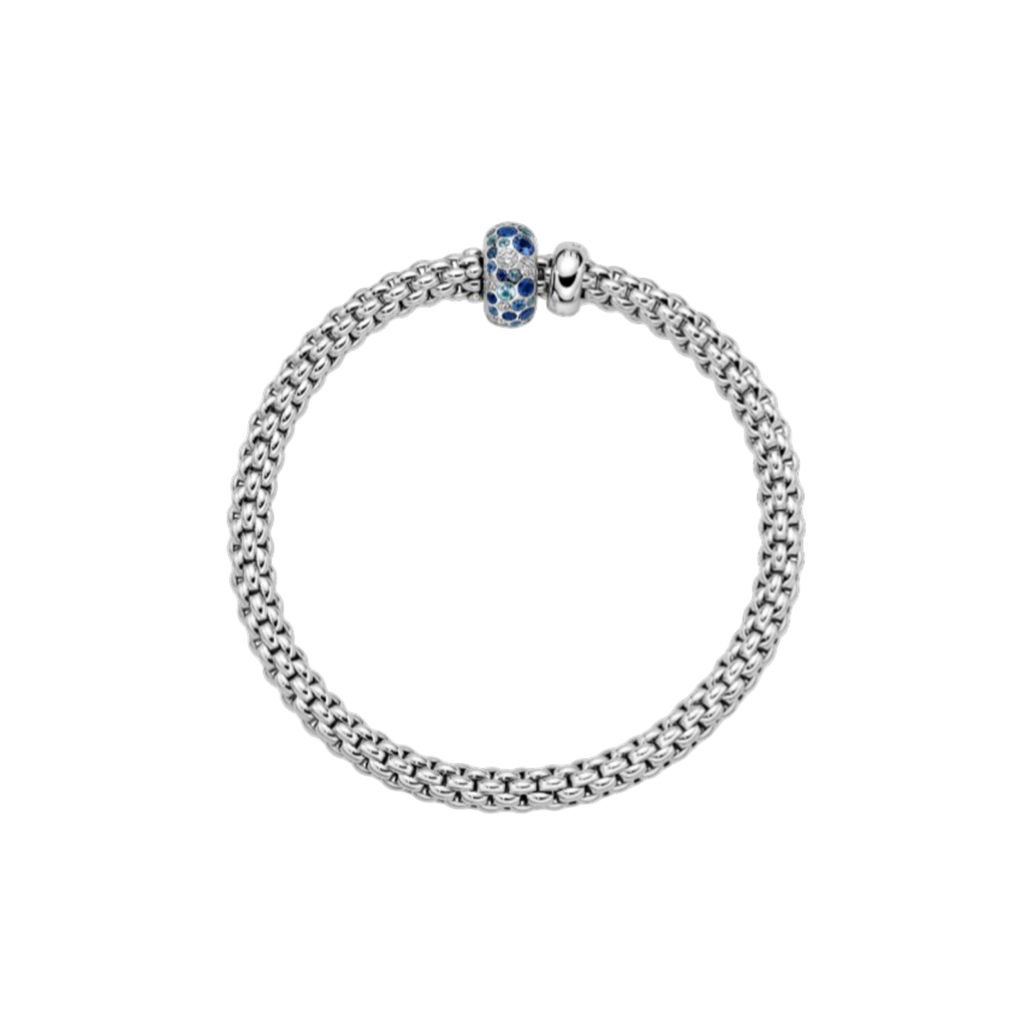 An 18ct white gold Flex’It bracelet with a sapphire and diamond set rondel and a polished white gold rondel, belonging to the FOPE Solo collection.