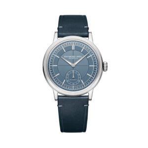 Raymond Weil, Millesime with a 39.5mm stainless steel case and a blue leather strap featuring a small seconds and a blue dial.
