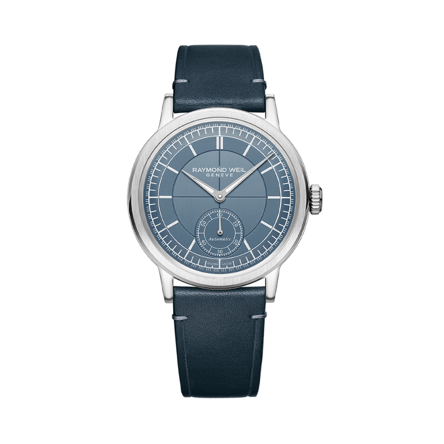 Raymond Weil, Millesime with a 39.5mm stainless steel case and a blue leather strap featuring a small seconds and a blue dial.