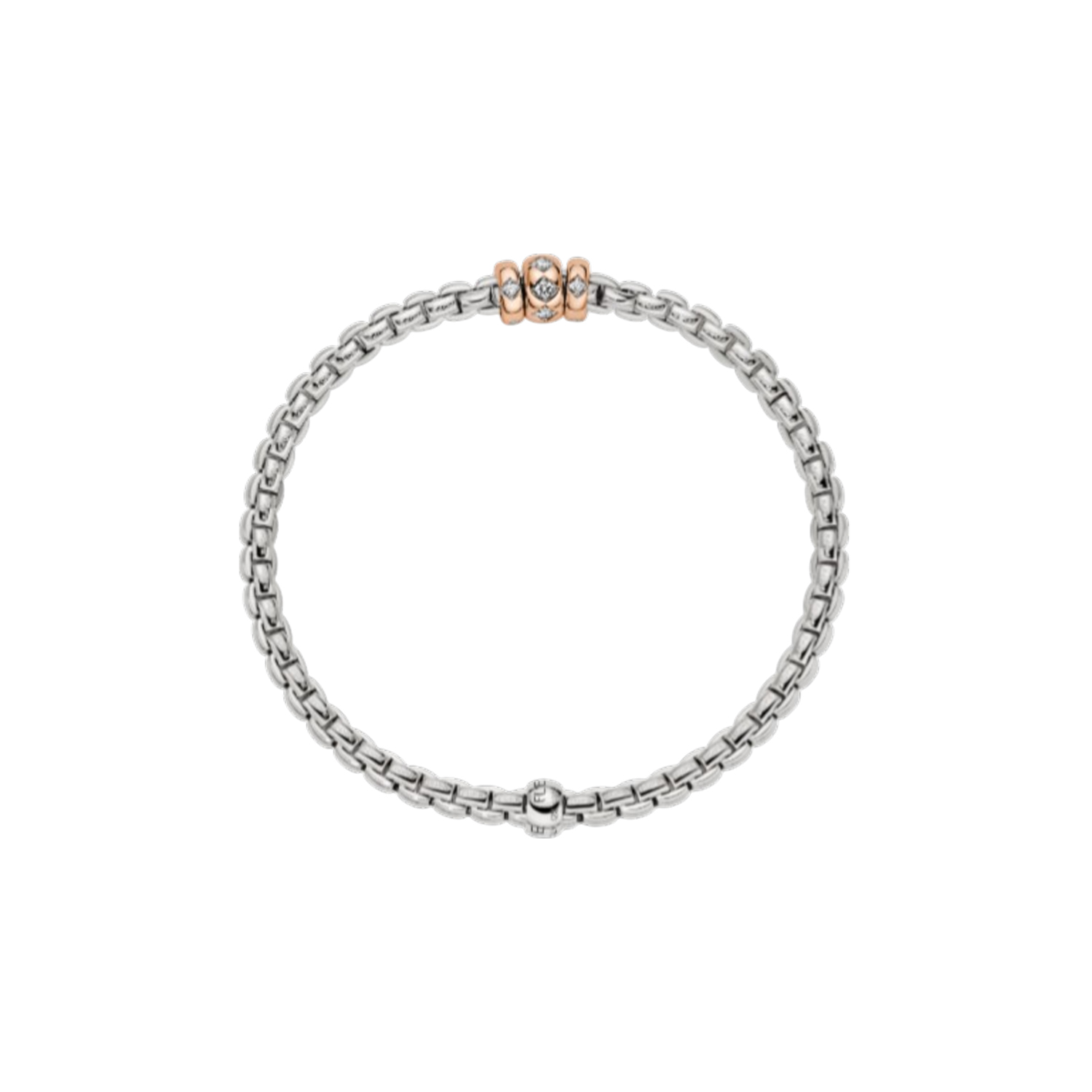 An 18ct white gold Flex’It bracelet with three 18ct rose gold diamond set rondels belonging to the FOPE EKA collection.