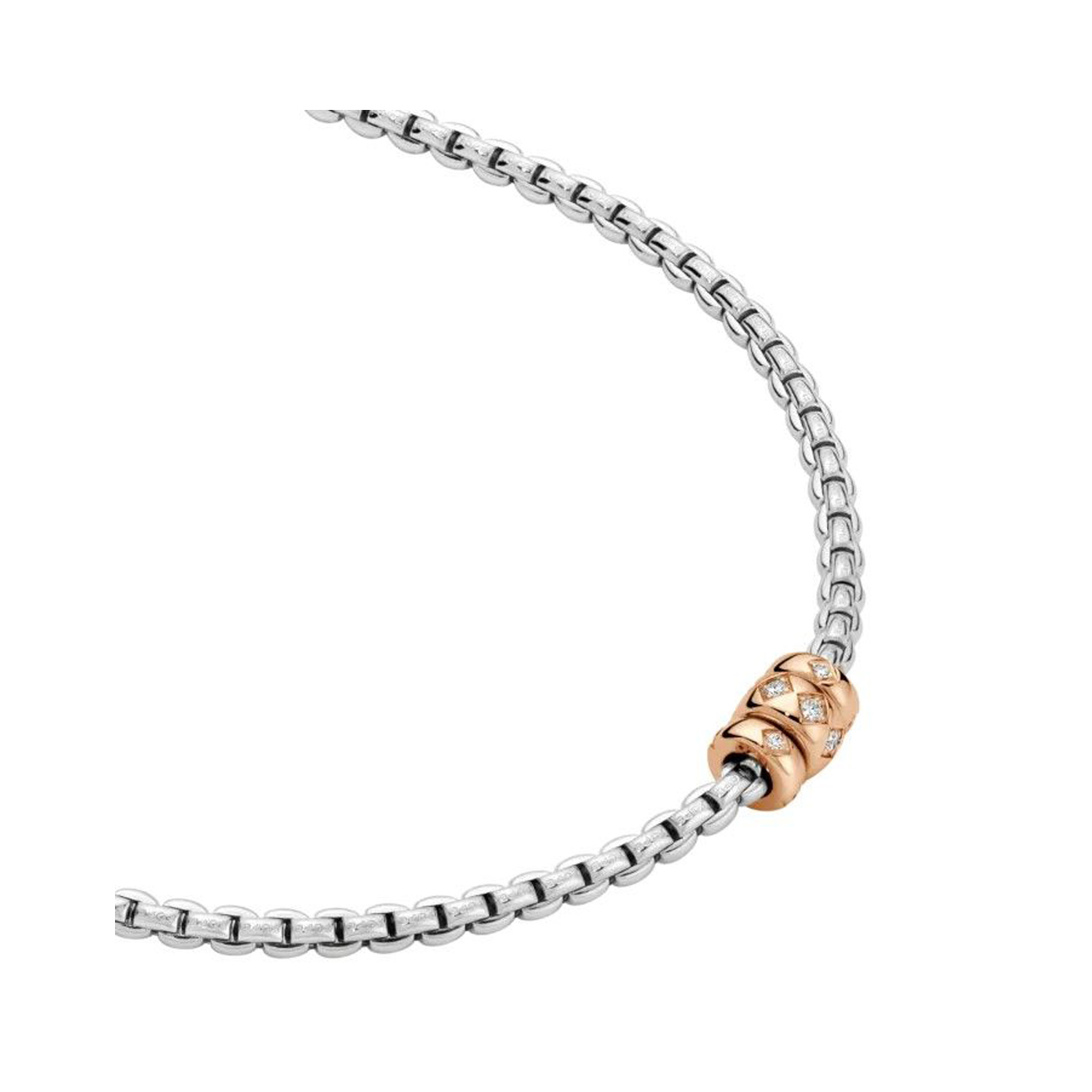 An 18ct white and rose gold Flex’It necklace with three rose gold diamond set rondels, belonging to the FOPE EKA collection.