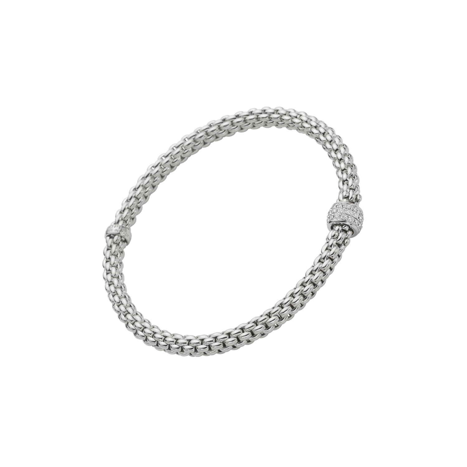 An 18ct white gold Flex'It bracelet with a single diamond set rondel belonging to the FOPE Solo collection.