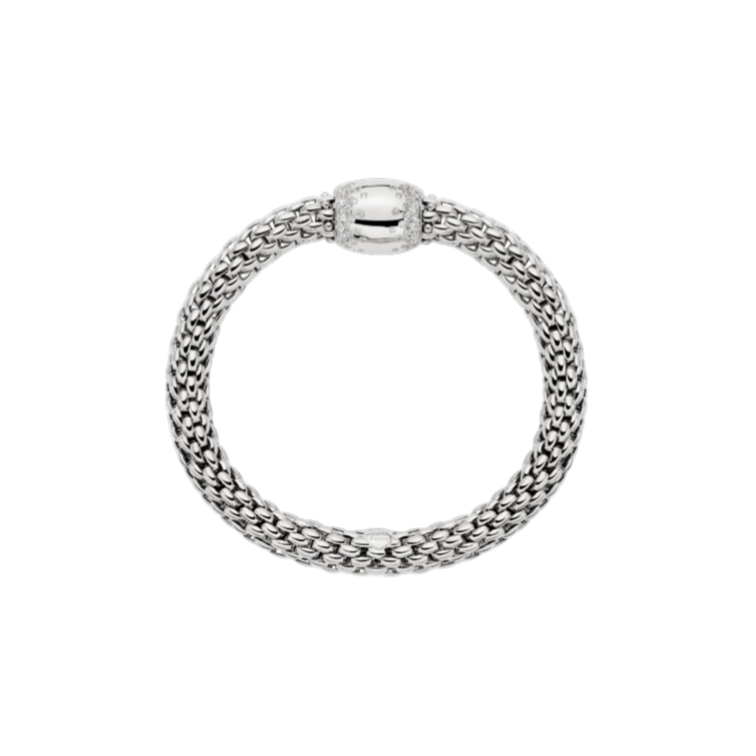 An 18ct white gold Flex'It bracelet with a large white gold polished diamond set rondel belonging to the FOPE Love Nest collection.