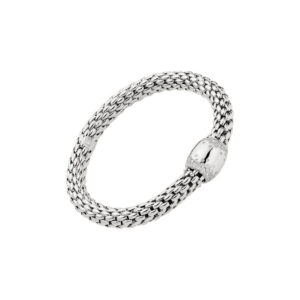 An 18ct white gold Flex'It bracelet with a large white gold polished diamond set rondel belonging to the FOPE Love Nest collection.