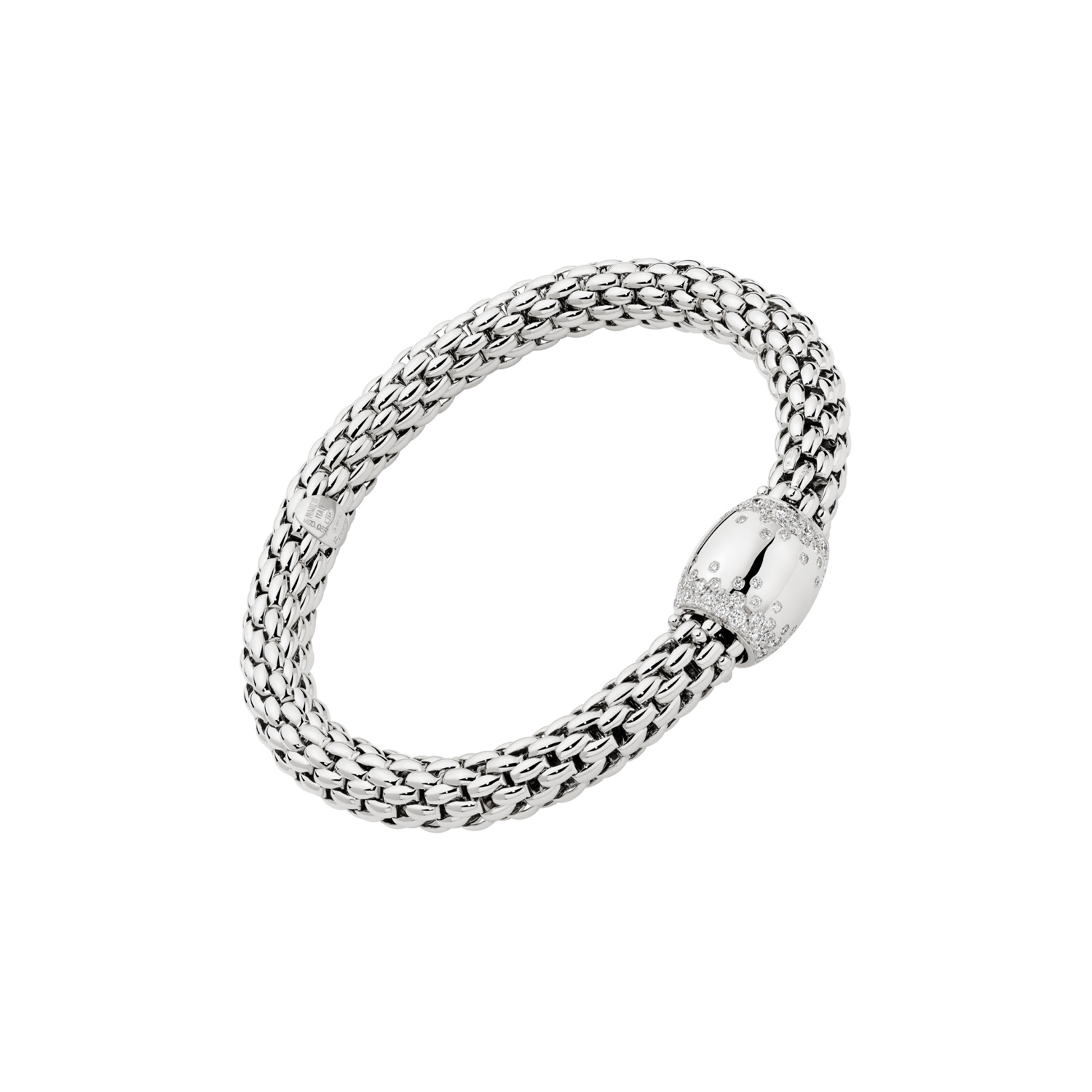 An 18ct white gold Flex'It bracelet with a large white gold polished diamond set rondel belonging to the FOPE Love Nest collection.