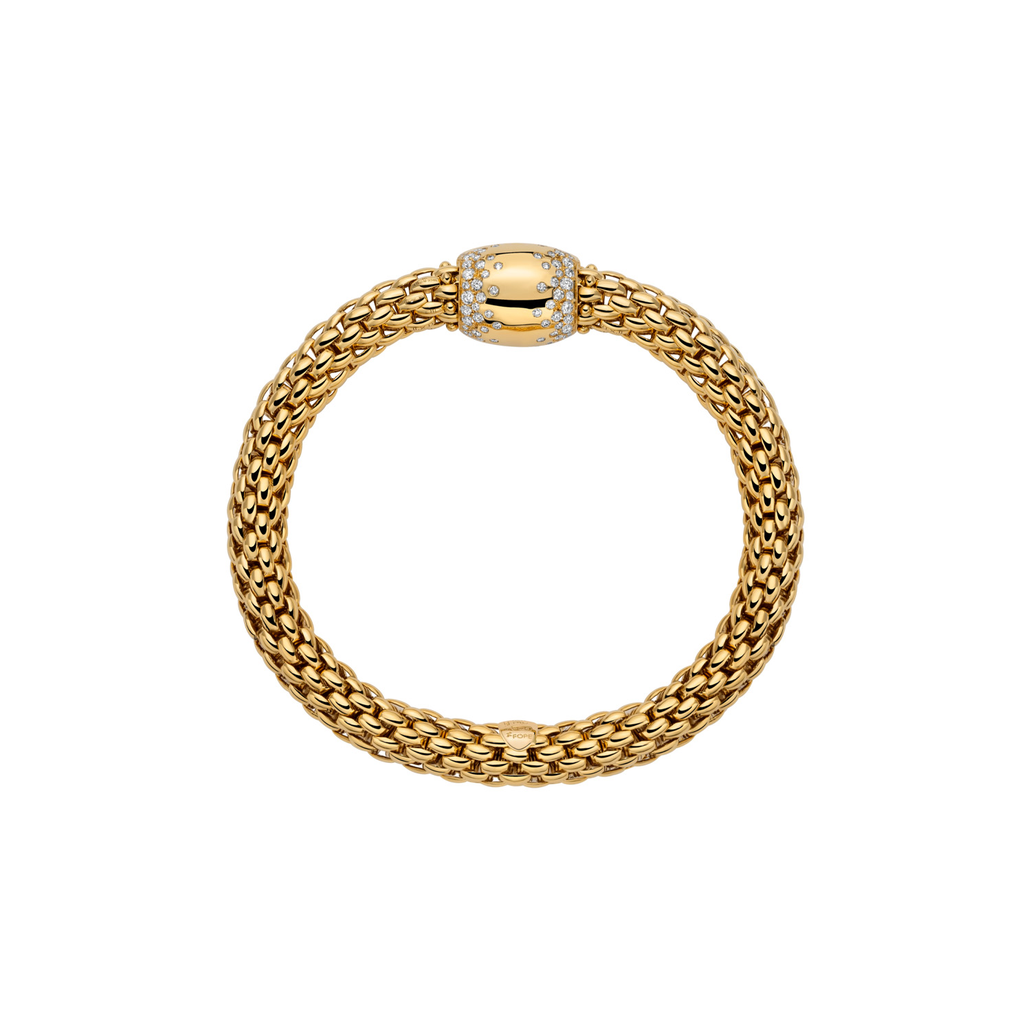 FOPE, Love Nest Collection, 18ct Yellow Gold Diamond Flex'It Bracelet: 1.07 carats An 18ct yellow gold Flex’It bracelet with a large yellow gold polished diamond set rondel belonging to the FOPE Love Nest collection.