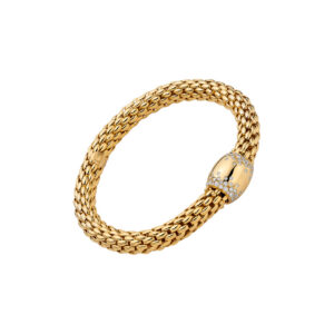 An 18ct yellow gold Flex’It bracelet with a large yellow gold polished diamond set rondel belonging to the FOPE Love Nest collection.