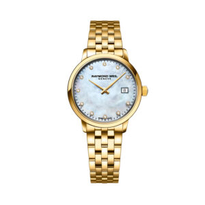 Raymond Weil, Toccata Ladies Classic with a 29mm stainless steel and gold PVD coated case and bracelet strap featuring a date function, a mother of pearl and diamond set dial.