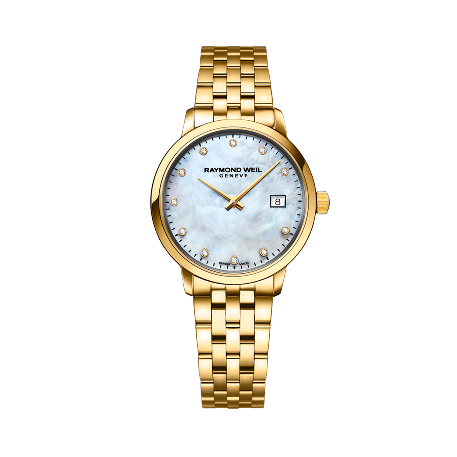 Raymond Weil, Toccata Ladies Classic with a 29mm stainless steel and gold PVD coated case and bracelet strap featuring a date function, a mother of pearl and diamond set dial.