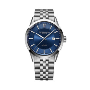 Raymond Weil, Freelancer with a 42mm stainless steel case and bracelet strap featuring a date function and a blue dial.