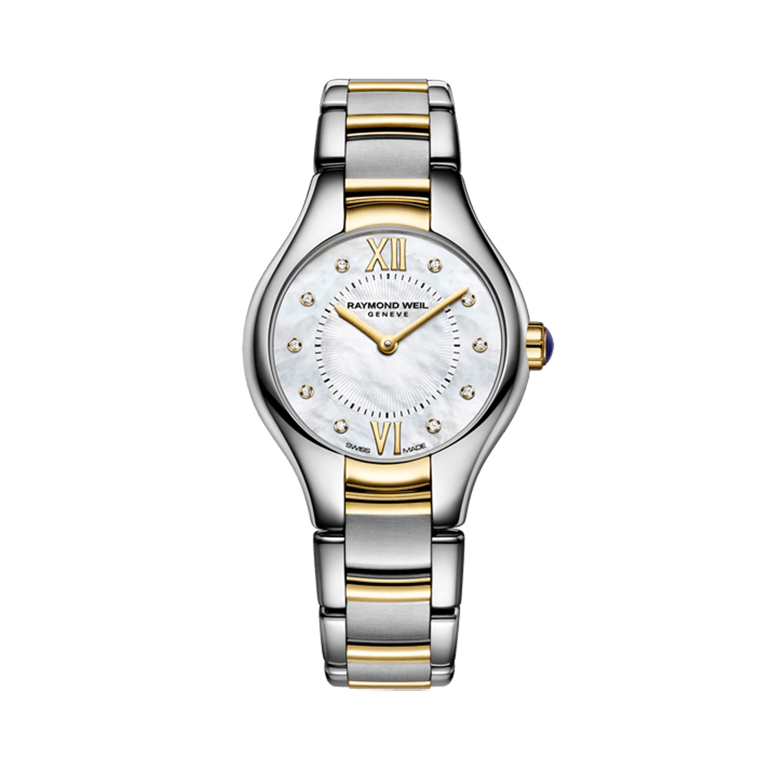 Raymond Weil, Noemia Bicolour Mother of Pearl & Diamonds, Quartz Women’s Watch Raymond Weil, Noemia with a 24mm stainless steel and gold PVD coated case and bracelet strap featuring a diamond set mother of pearl dial.
