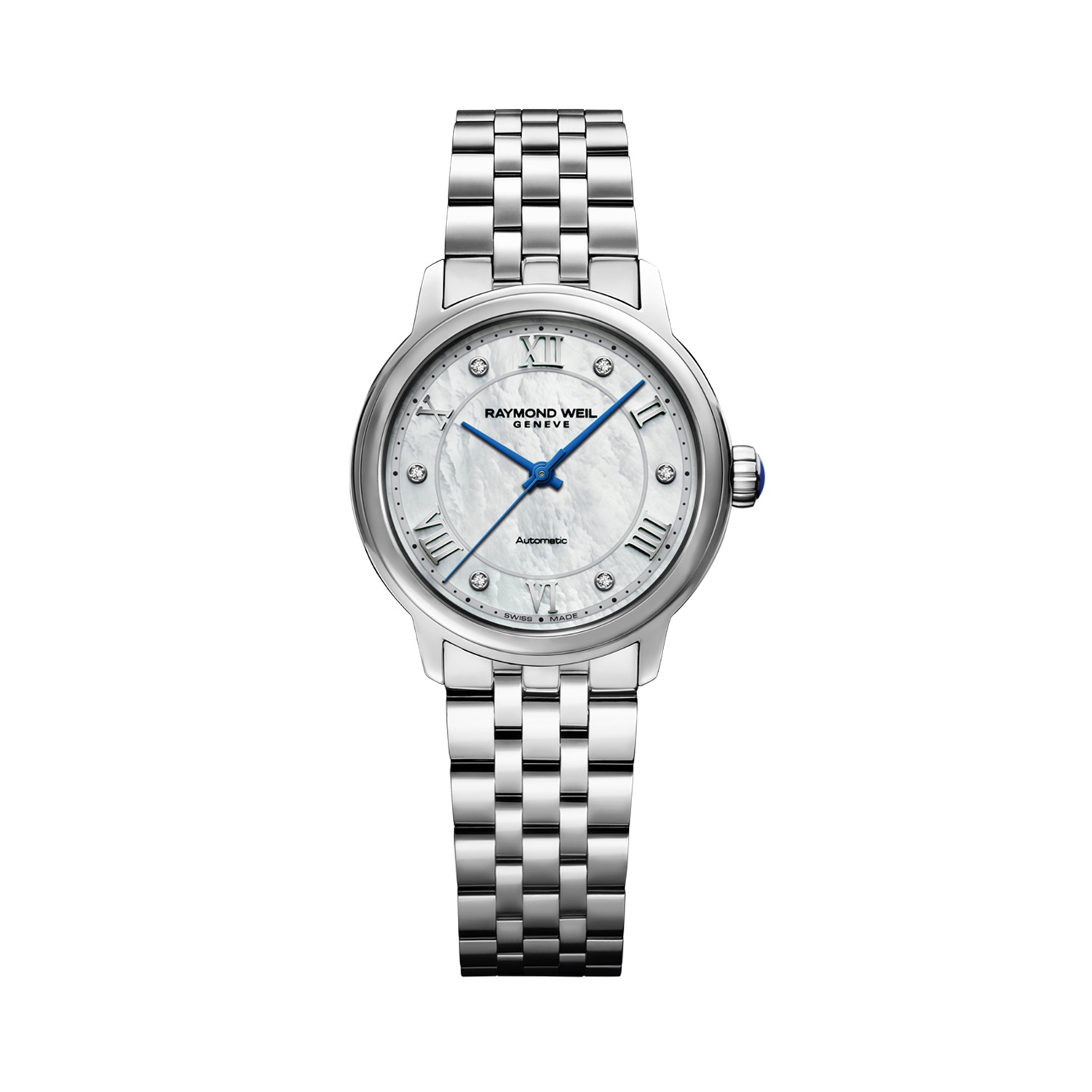 Raymond Weil, Maestro with a 31mm stainless steel case and bracelet strap featuring a diamond set mother of pearl dial.