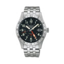 Seiko, 5 Sports 'Deploy' GMT with a 39.4mm stainless steel case and bracelet strap featuring a date function with a black dial and a steel bezel.