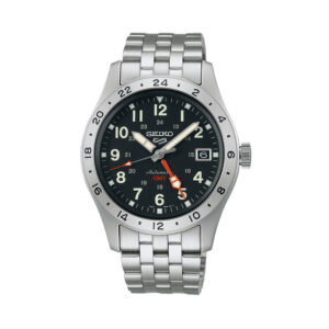 Seiko, 5 Sports 'Deploy' GMT with a 39.4mm stainless steel case and bracelet strap featuring a date function with a black dial and a steel bezel.