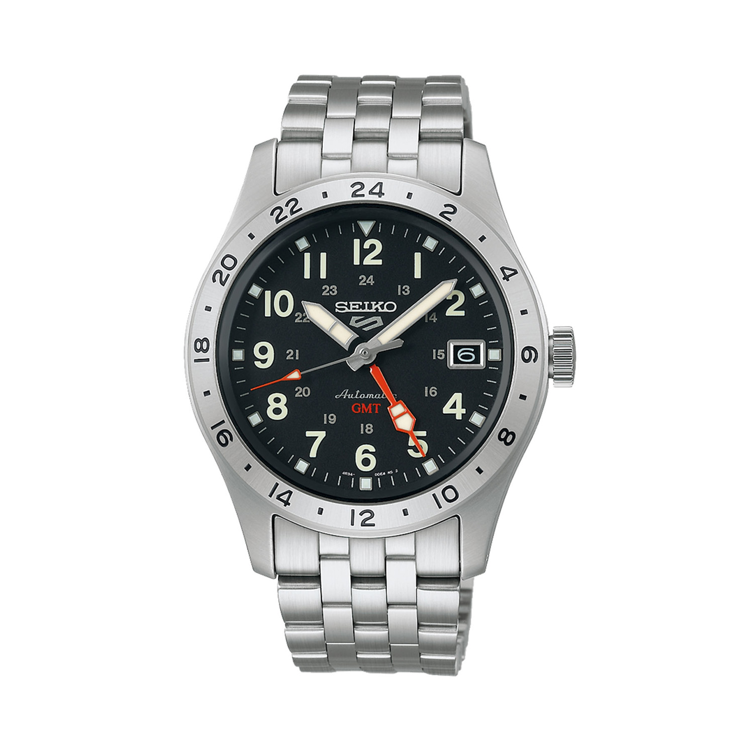 Seiko, 5 Sports 'Deploy' GMT with a 39.4mm stainless steel case and bracelet strap featuring a date function with a black dial and a steel bezel.