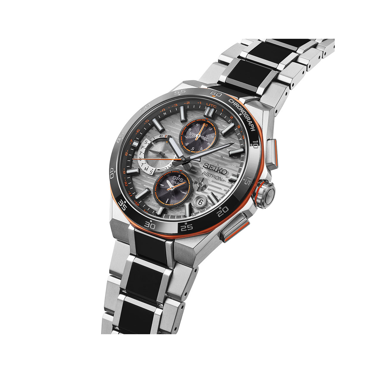 Seiko, Astron GPS Future Innovation with a 43.4mm titanium case and bracelet strap featuring a chronograph and a date function with a silver dial and black bezel.