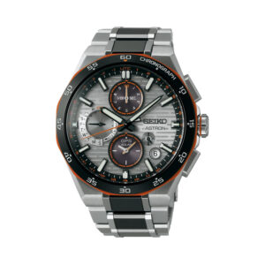 Seiko, Astron GPS Future Innovation with a 43.4mm titanium case and bracelet strap featuring a chronograph and a date function with a silver dial and black bezel.