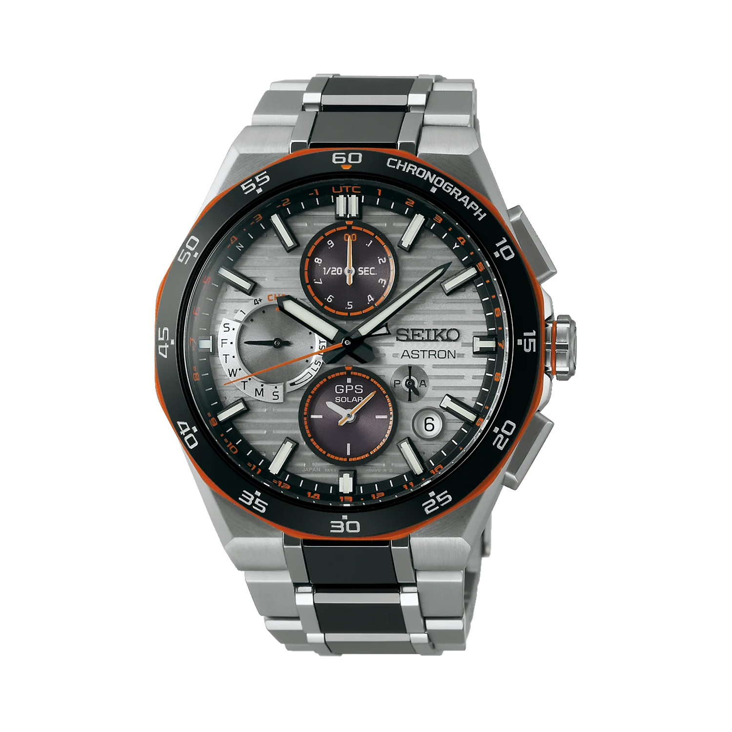 Seiko, Astron GPS Future Innovation with a 43.4mm titanium case and bracelet strap featuring a chronograph and a date function with a silver dial and black bezel.
