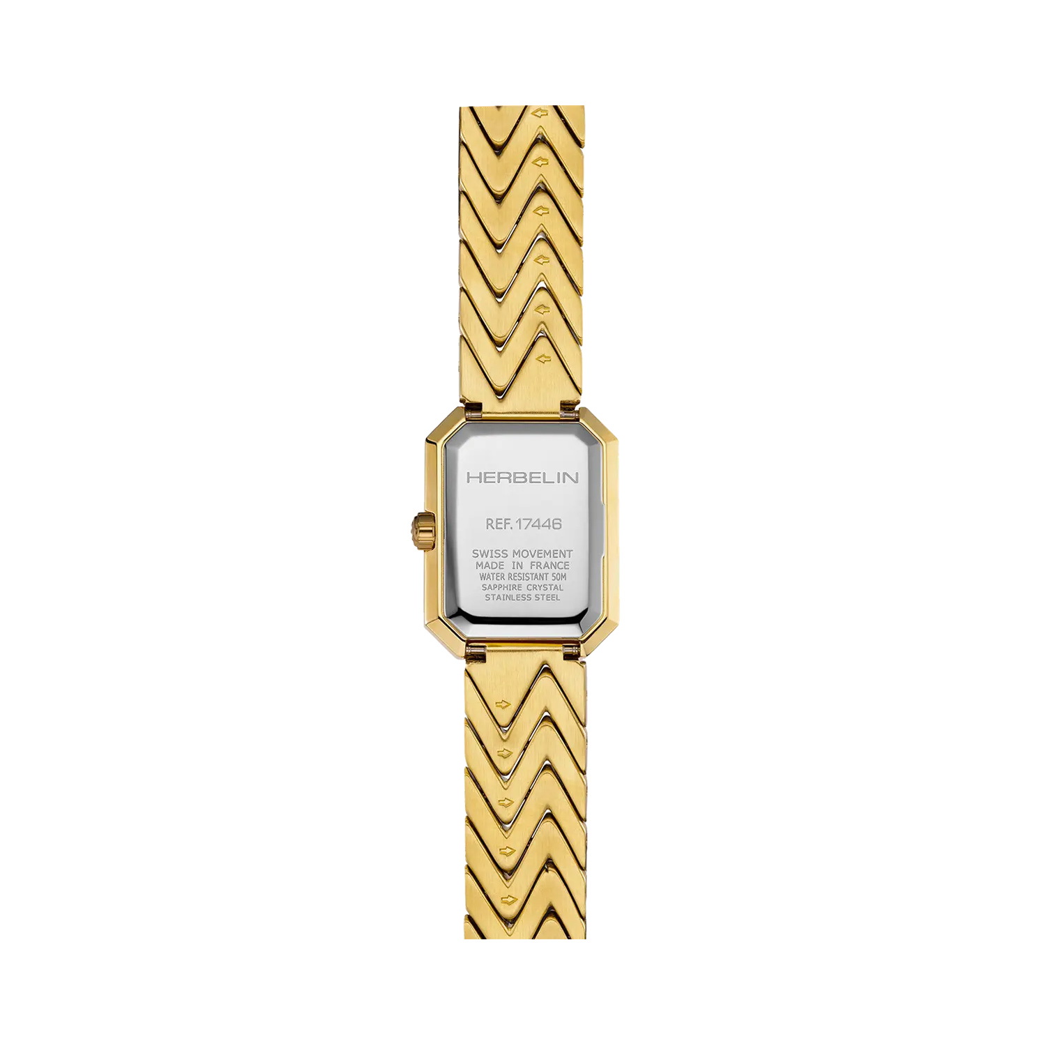 Herbelin, Octogône with a 26.4mm yellow gold PVD coated stainless steel rectangular case and bracelet strap featuring a white mother of pearl dial.