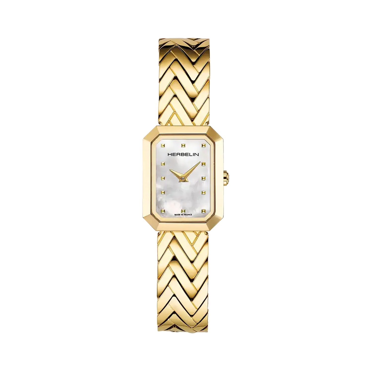 Herbelin, Octogône with a 26.4mm yellow gold PVD coated stainless steel rectangular case and bracelet strap featuring a white mother of pearl dial.