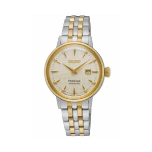 Seiko, Presage Cocktail Time 'White Lady' Diamond Twist with a 30.3mm stainless steel two tone case and bracelet strap featuring a date function and a diamond set white dial.