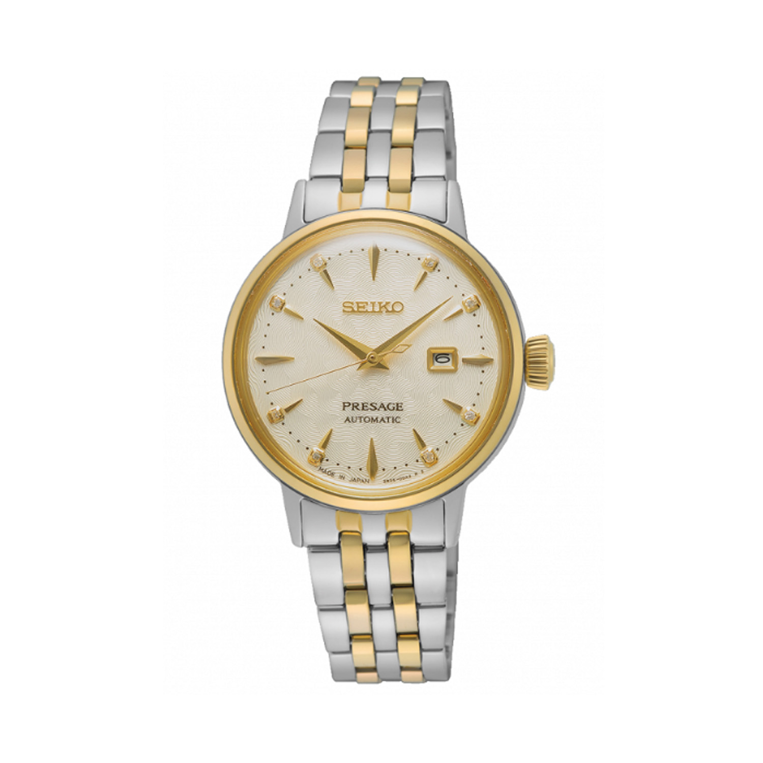 Seiko, Presage Cocktail Time 'White Lady' Diamond Twist with a 30.3mm stainless steel two tone case and bracelet strap featuring a date function and a diamond set white dial.