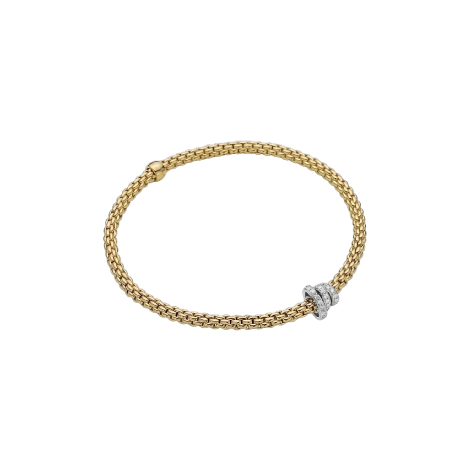 FOPE, Prima Collection, 18ct Yellow Gold Diamond Flex'It Bracelet: 0.31 carats An 18ct yellow gold Flex’It bracelet with three pave diamond set rondels in white gold belonging to the FOPE Prima collection.