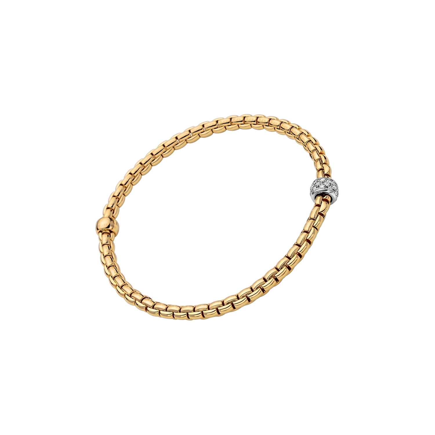 FOPE, EKA Tiny Collection, 18ct Yellow Gold Pave Diamond Flex’It Bracelet: 0.19 carats An 18ct yellow gold Flex'It bracelet with a white gold pave diamond set rondel belonging to the FOPE EKA Tiny collection.