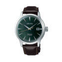 Seiko, Presage Cocktail Time 'Mockingbird' with a 40.5mm stainless steel case and a brown leather strap featuring a date function with a dark green dial.