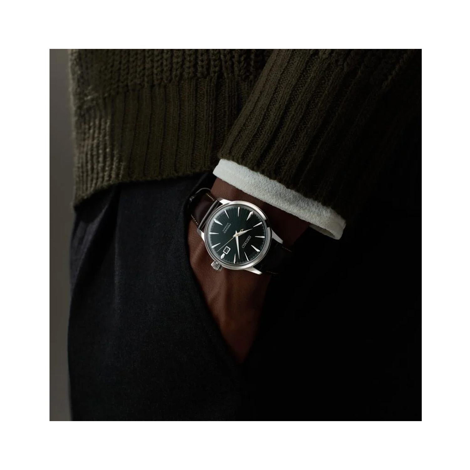 Seiko, Presage Cocktail Time 'Mockingbird' with a 40.5mm stainless steel case and a brown leather strap featuring a date function with a dark green dial.