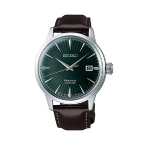 Seiko, Presage Cocktail Time 'Mockingbird' with a 40.5mm stainless steel case and a brown leather strap featuring a date function with a dark green dial.
