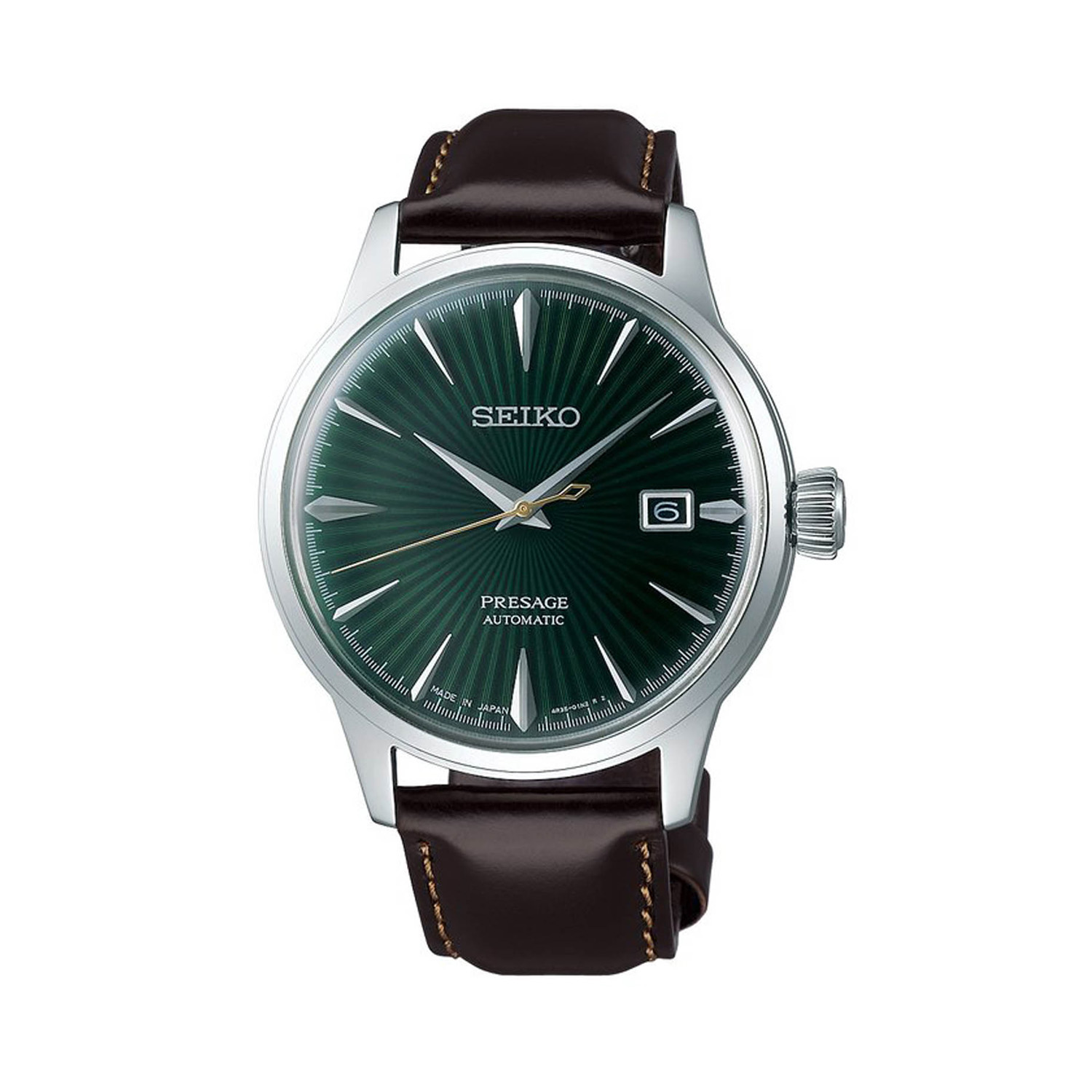 Seiko, Presage Cocktail Time 'Mockingbird' with a 40.5mm stainless steel case and a brown leather strap featuring a date function with a dark green dial.