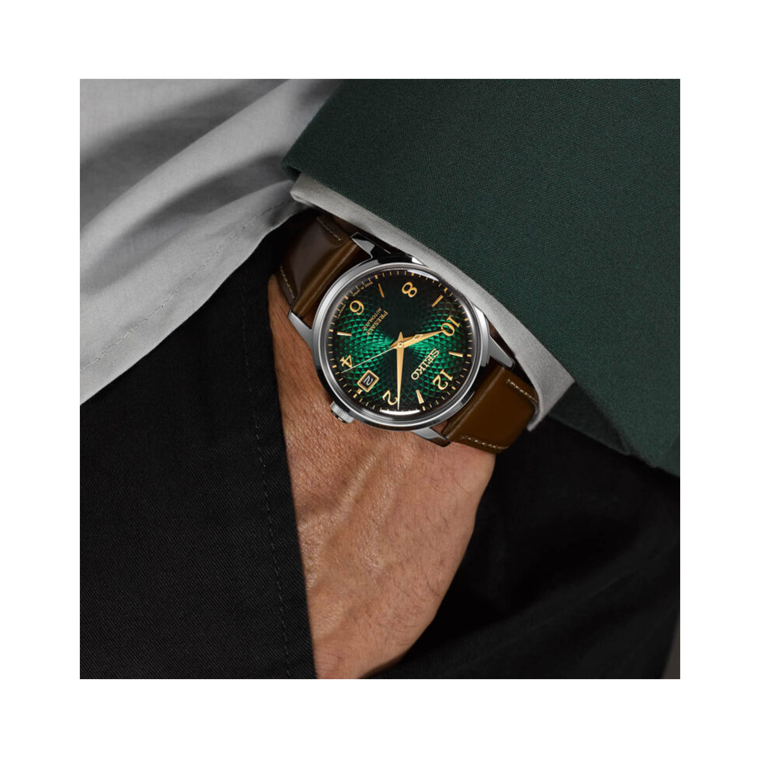 Seiko, Presage Cocktail Time ‘Mojito’, Automatic Men's Watch Seiko, Presage Cocktail Time ‘Mojito’ with a 38.5mm stainless steel case and a brown leather strap featuring a date function and a patterned green dial.