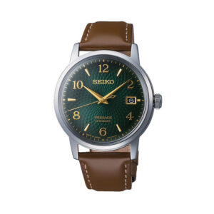 Seiko, Presage Cocktail Time ‘Mojito’ with a 38.5mm stainless steel case and a brown leather strap featuring a date function and a patterned green dial.