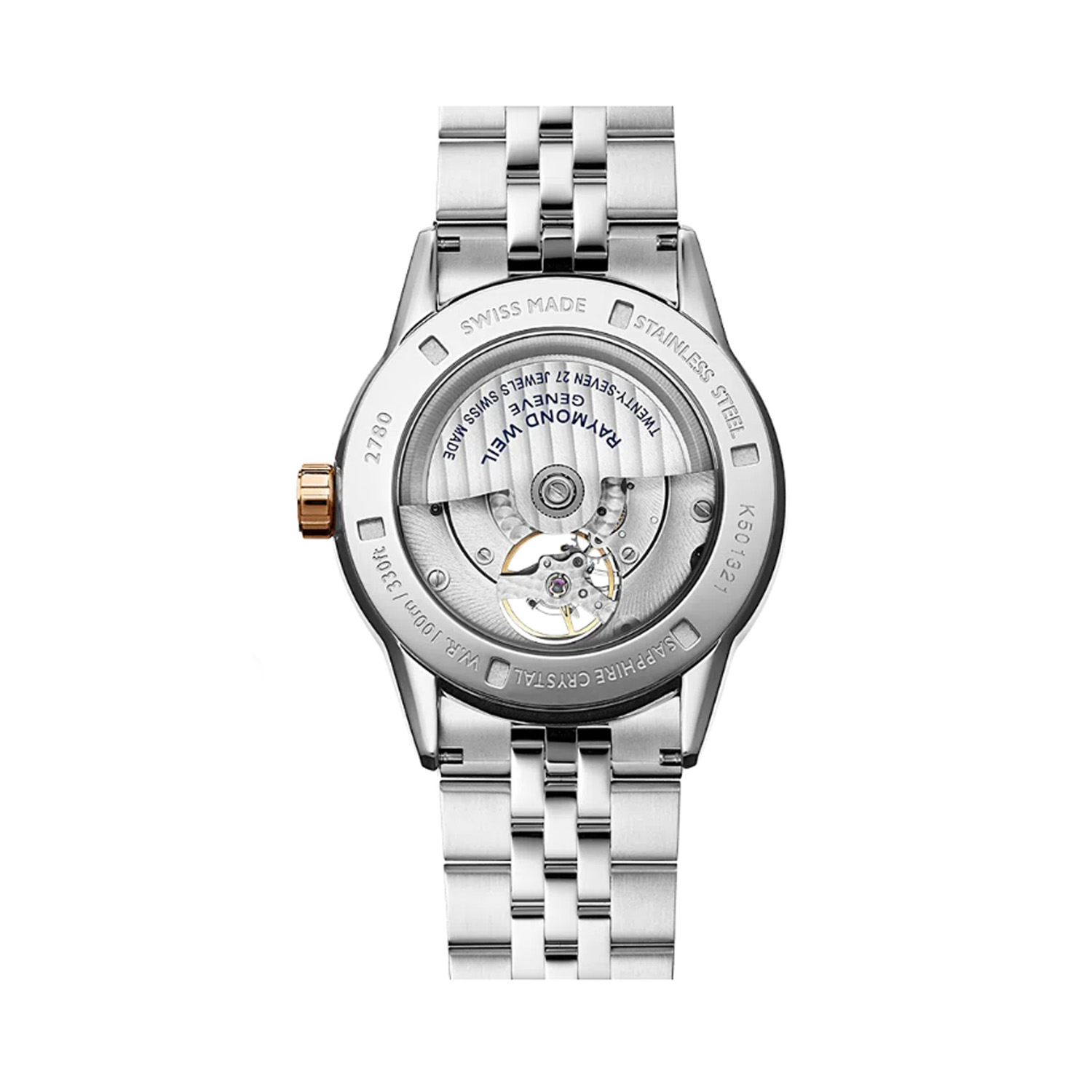 Raymond Weil, Freelancer with a 42mm stainless steel and rose gold PVD coated case and bracelet strap featuring a black open dial.