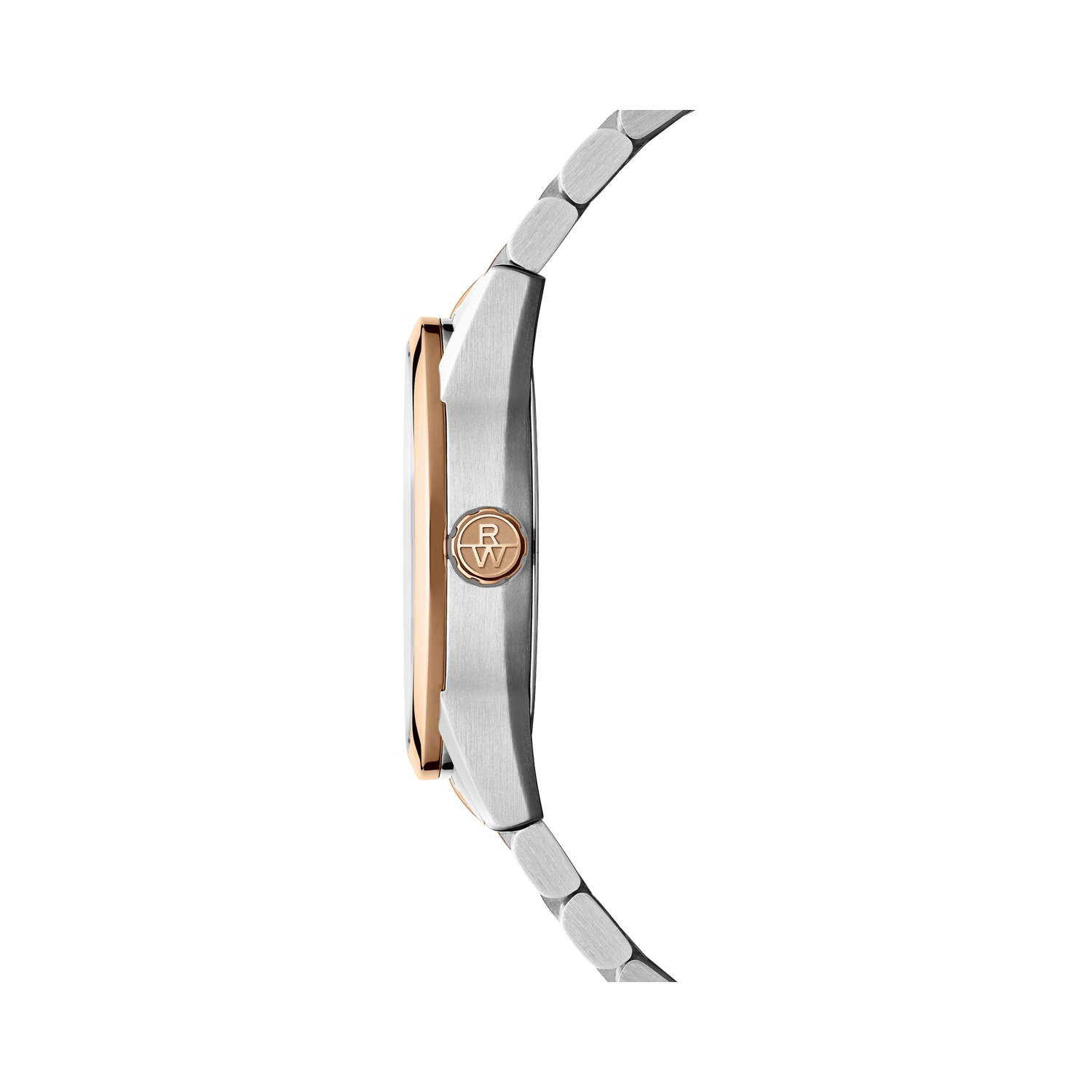 Raymond Weil, Freelancer with a 42mm stainless steel and rose gold PVD coated case and bracelet strap featuring a black open dial.