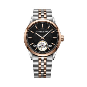 Raymond Weil, Freelancer with a 42mm stainless steel and rose gold PVD coated case and bracelet strap featuring a black open dial.