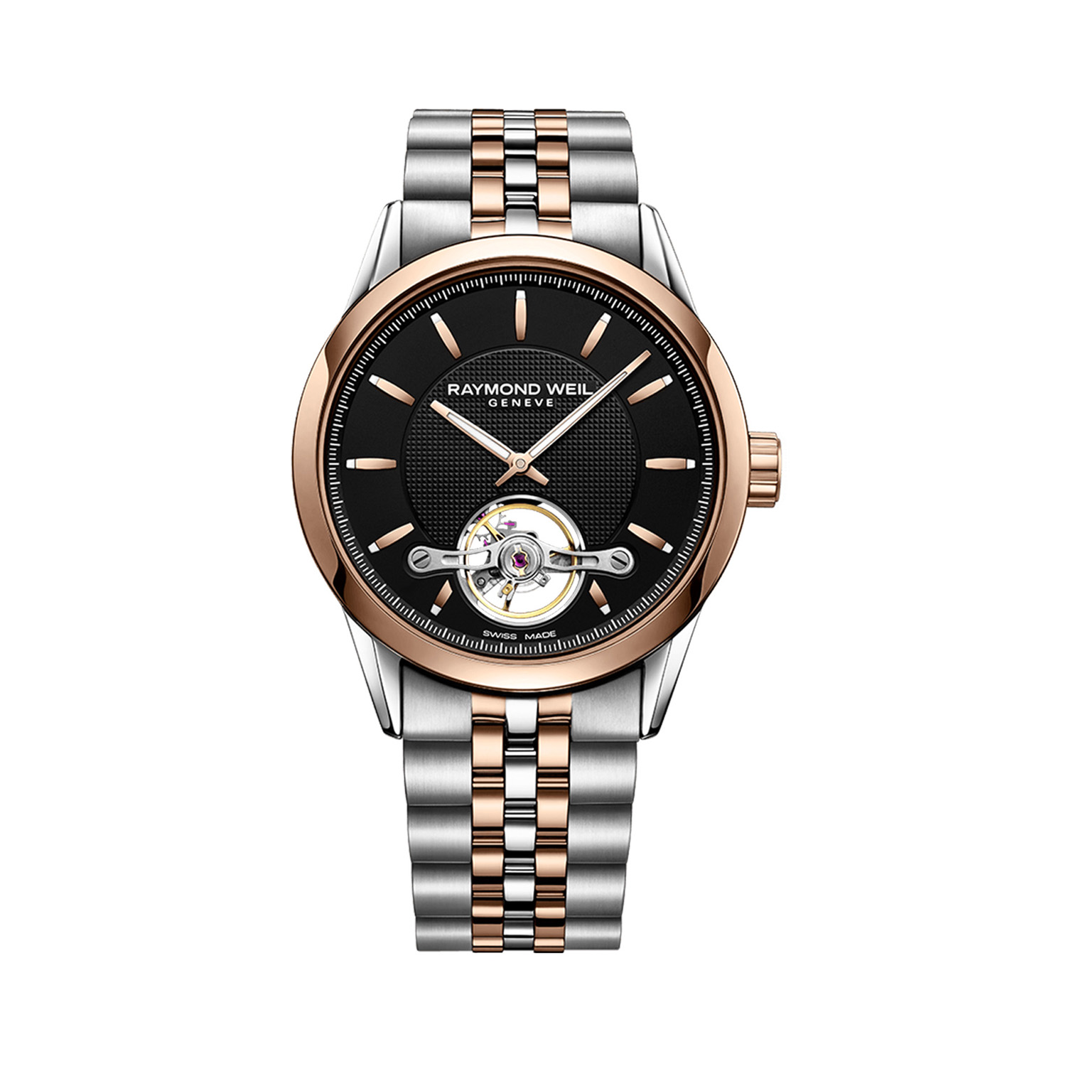 Raymond Weil, Freelancer with a 42mm stainless steel and rose gold PVD coated case and bracelet strap featuring a black open dial.