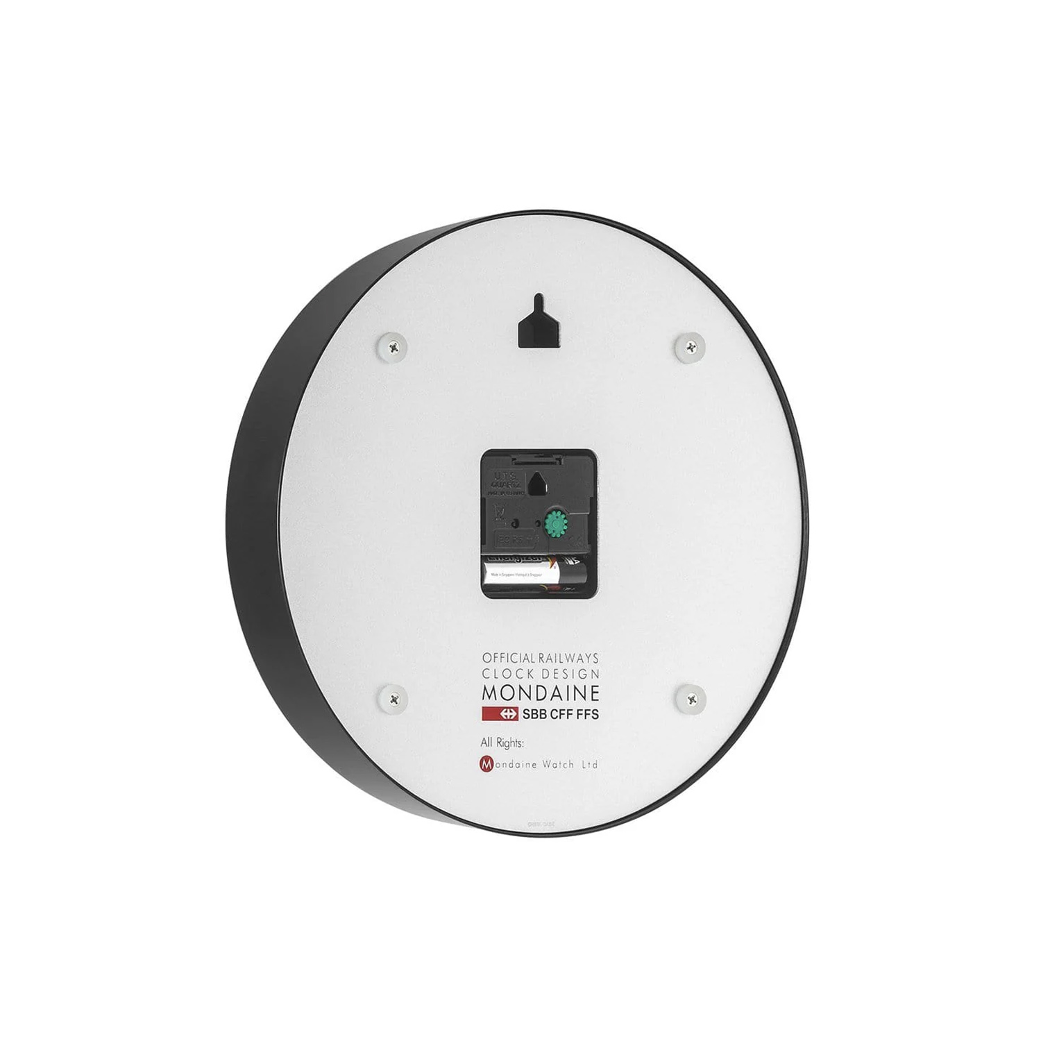 Mondaine, Black Wall Clock with a 25cm diameter aluminium case with a quartz battery featuring a three hand white face.