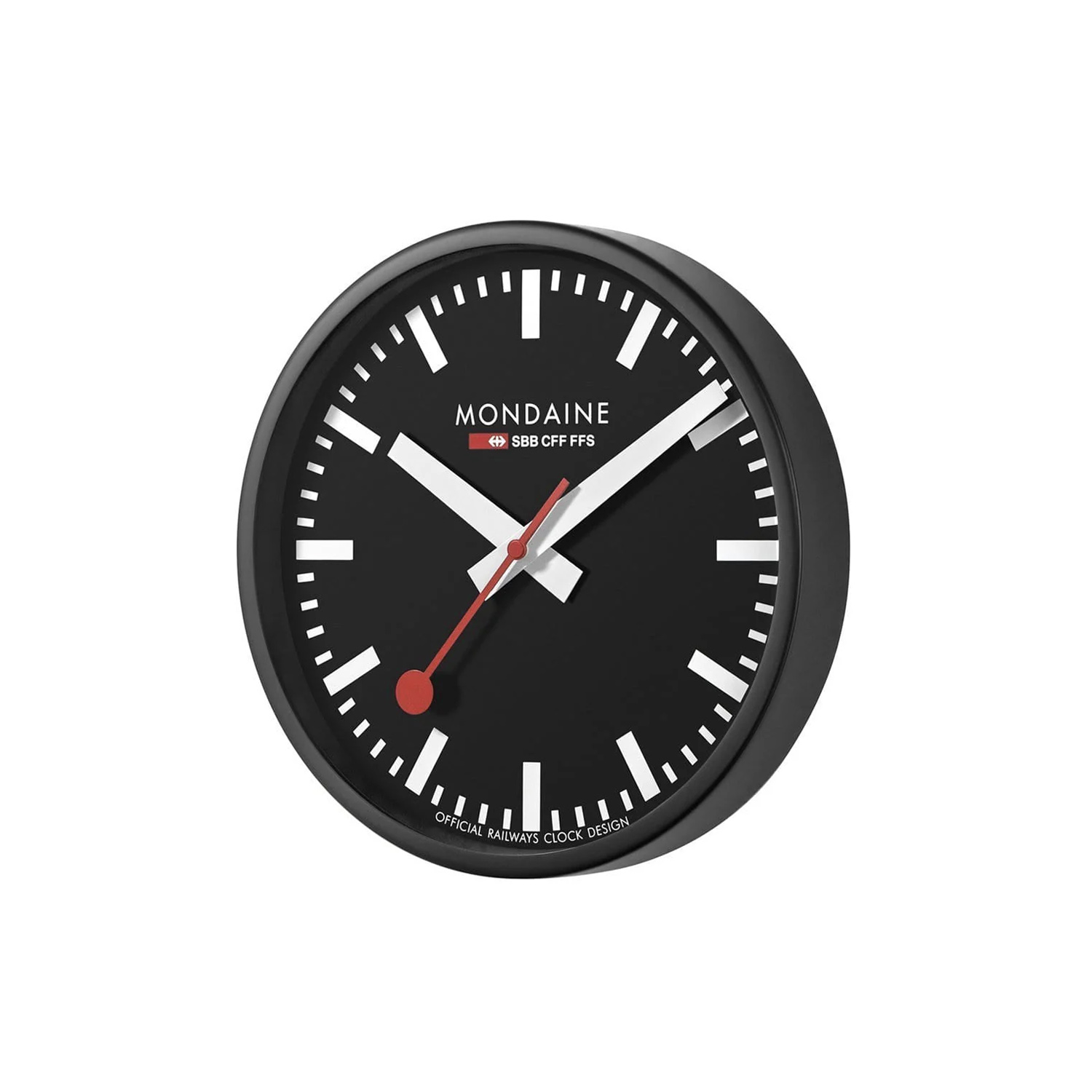 Mondaine, Black Wall Clock with a 25cm diameter aluminium case with a quartz battery featuring a three hand white face.