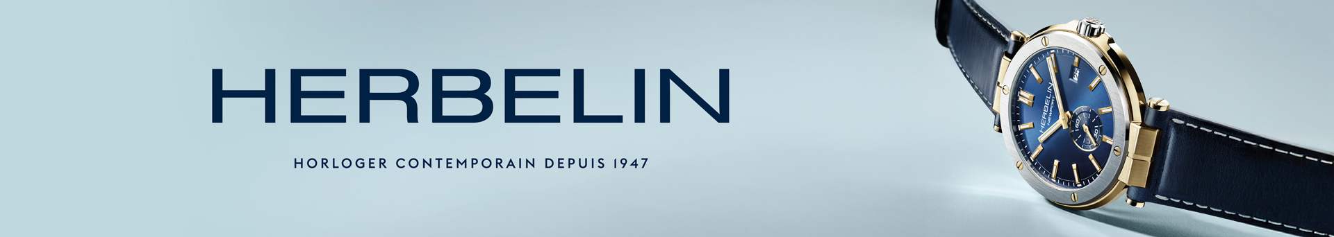 A light blue background banner with a blue Newport watch.