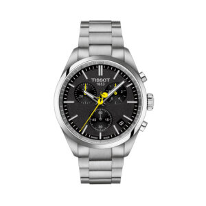 Tissot, PR 100 Tour De France 2024 with a 40mm stainless steel case and bracelet strap featuring a date function, chronograph and a black dial.